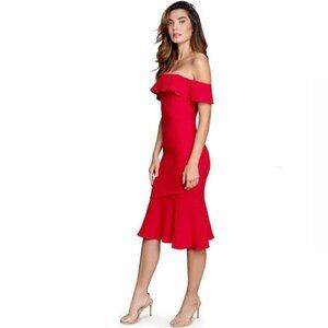 Dress The Population Faye Off Shoulder Strapless Ruffle Midi Dress Rouge Red Med